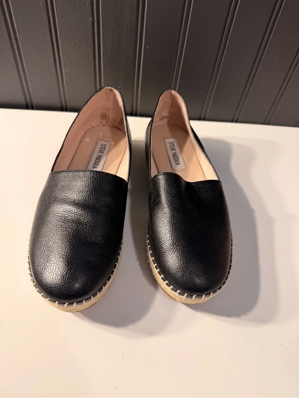 Steve Madden Black Leather Espadrille Slip-On Loafers